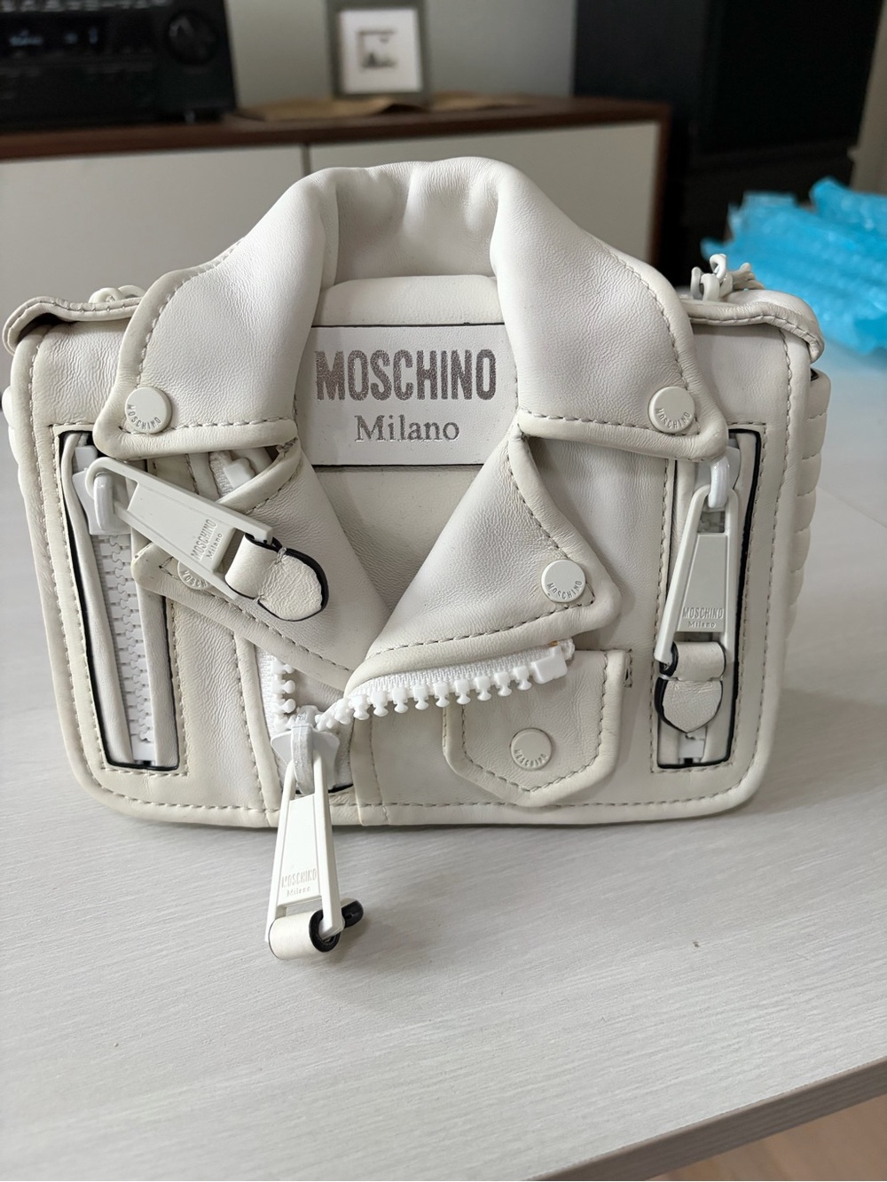 Moschino White Leather Jacket-Style Crossbody Bag